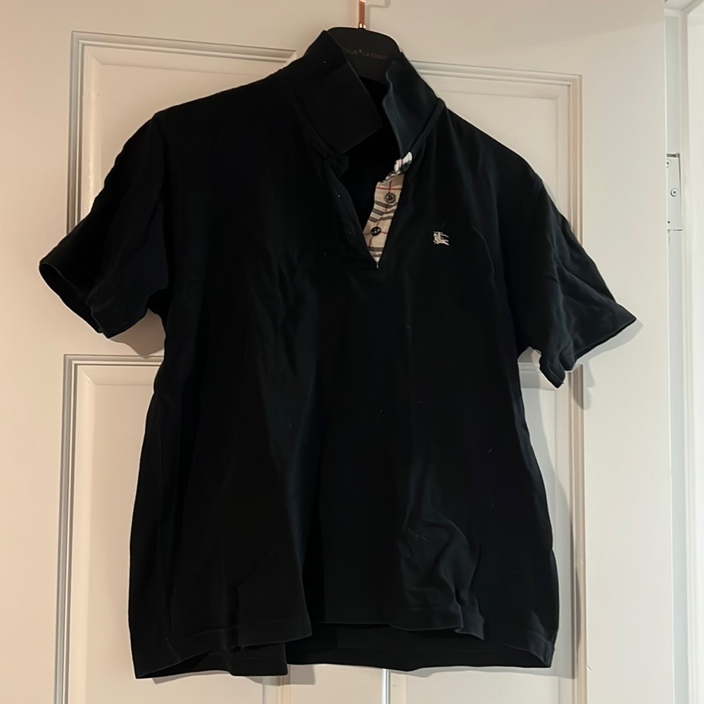 GUC for age Black Burberry Polo with signature trim collar